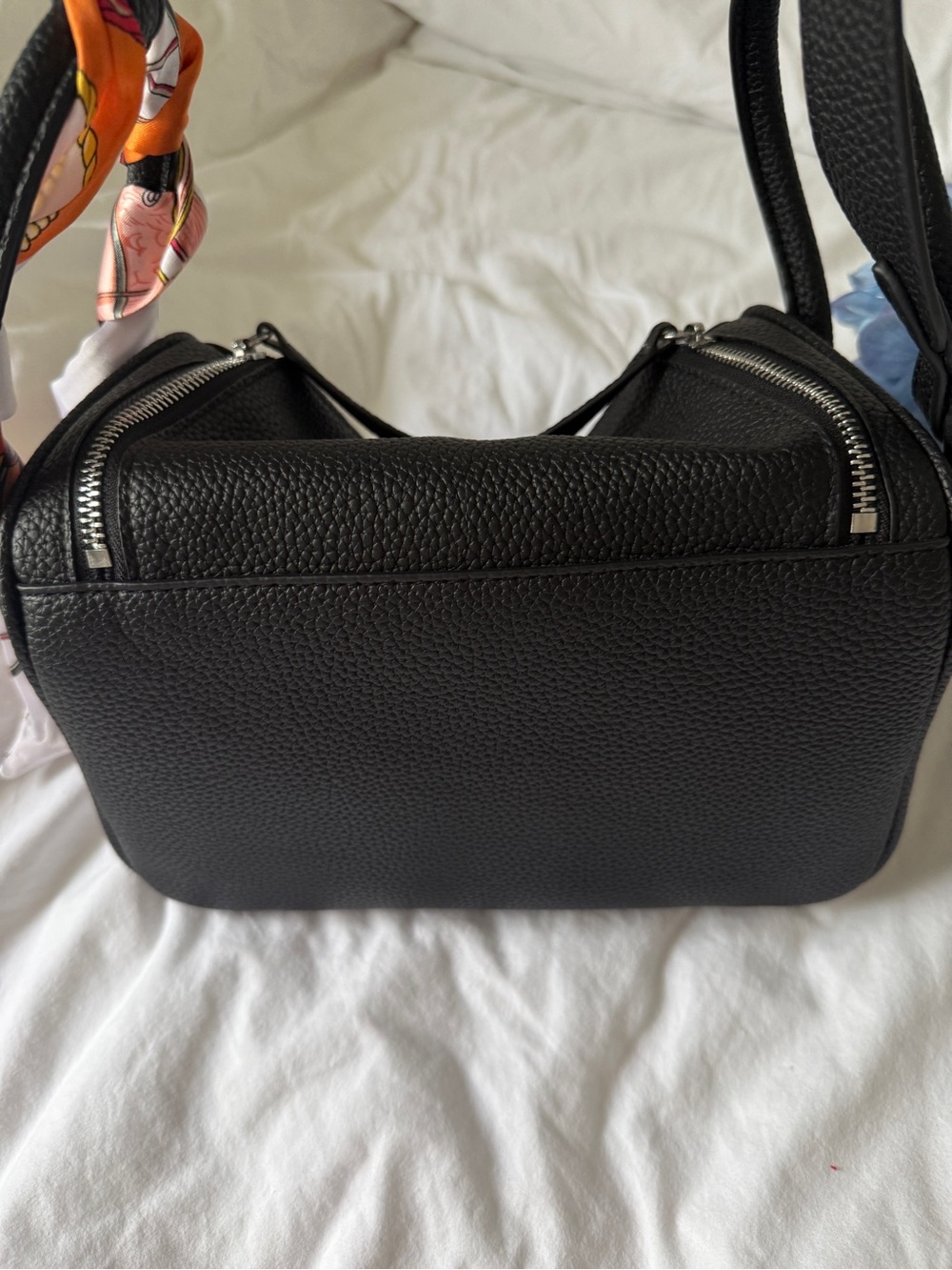 Black Pebbled Leather Shoulder Bag with Orange Accent Scarf - Picture 4 of 7